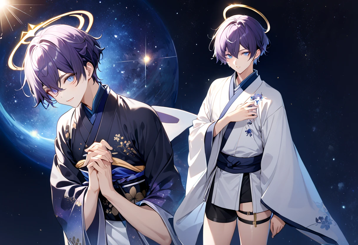 Fresh illustration,
Ultra-fine drawing,
Very delicate illustration,
Very fine details,
Only one boy,
Full body,
Standing motionless,
Arms slightly spread,
Height 158cm,
Fair skin,
Right eye purple,
Left eye blue,
Odd eyes,
Heterochromie iris,
Beautiful eyes,
Large black pupils,
Short hair,
Blue roots and silver elsewhere,
Hair with a gradient,
Shiny hair,
Cute face,
Pretty face,
Shiny halo on back of head,
Raised eyebrows,
Upper body in kimono,
Upper body in traditional Japanese clothing,
Masculine build,
Six pack,
Very small breasts,
No breasts,
Lower body in Chinese dress,
Black obi,
White clothes overall,
Tasteful embroidery with gold thread,
High-quality fabric clothes,
jock straps,
thigh straps,
thigh straps digging into the skin,
white long boots,
Japanese-style toes,
five fingers on hands and feet,
thin waist,
thin legs,
isometric,
golden ratio,
divine atmosphere,
wearing an indigo-colored stand-up collar inner,
outer space,
galaxy,
countless small stars,
tactical use of shadows,
headband and hair do not extend beyond the frame,
clothes do not extend beyond the frame,
body orientation is symmetrical,
clothes are symmetrical,