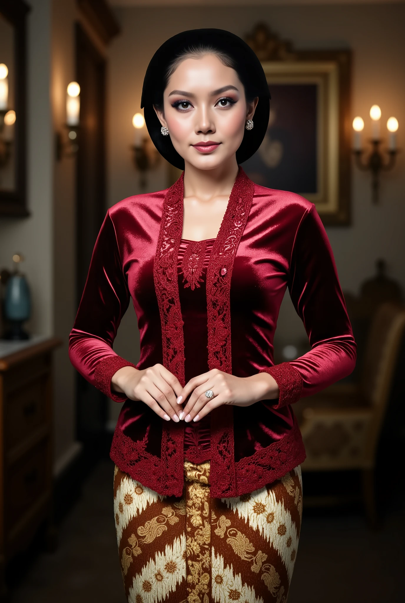 a beautiful young beautiful woman in an indoor setting. She is wearing an intricate maroon glossy satin kebaya with lace embroidery patterns along the front and sleeves, paired with a traditional brown and cream batik thigh skirt with complex floral and geometric designs. Her hair is styled in a neat and polished low bun with a center part, and she has a calm. The background consists of a luxury room atmosphere. The overall image has realistic detailing, soft shadows, and vibrant color contrast.
