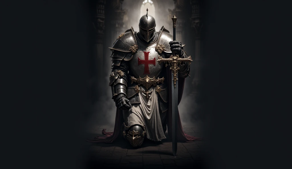 medieval knight kneeling leaning on his sword, knight's helmet of the crusades, white mandrel on his shoulders, long medieval sword, red cross of the paladins, closed helmet.