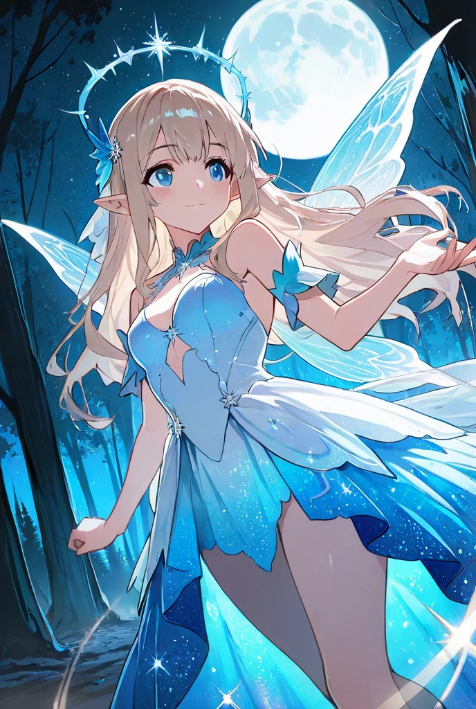 group of dancing fairies, small with wings on the back, female,  pointed ears , blue aura radiates from them, night, Forest, Full moon, starry sky,  masterpiece, Hohe Details,  long hair,  blue eyes ,  light smile , Gegenlicht, viewed from a distance, Wide angle,  Anatomically correct , hair accessories, Glitter effect ,  best quality , 