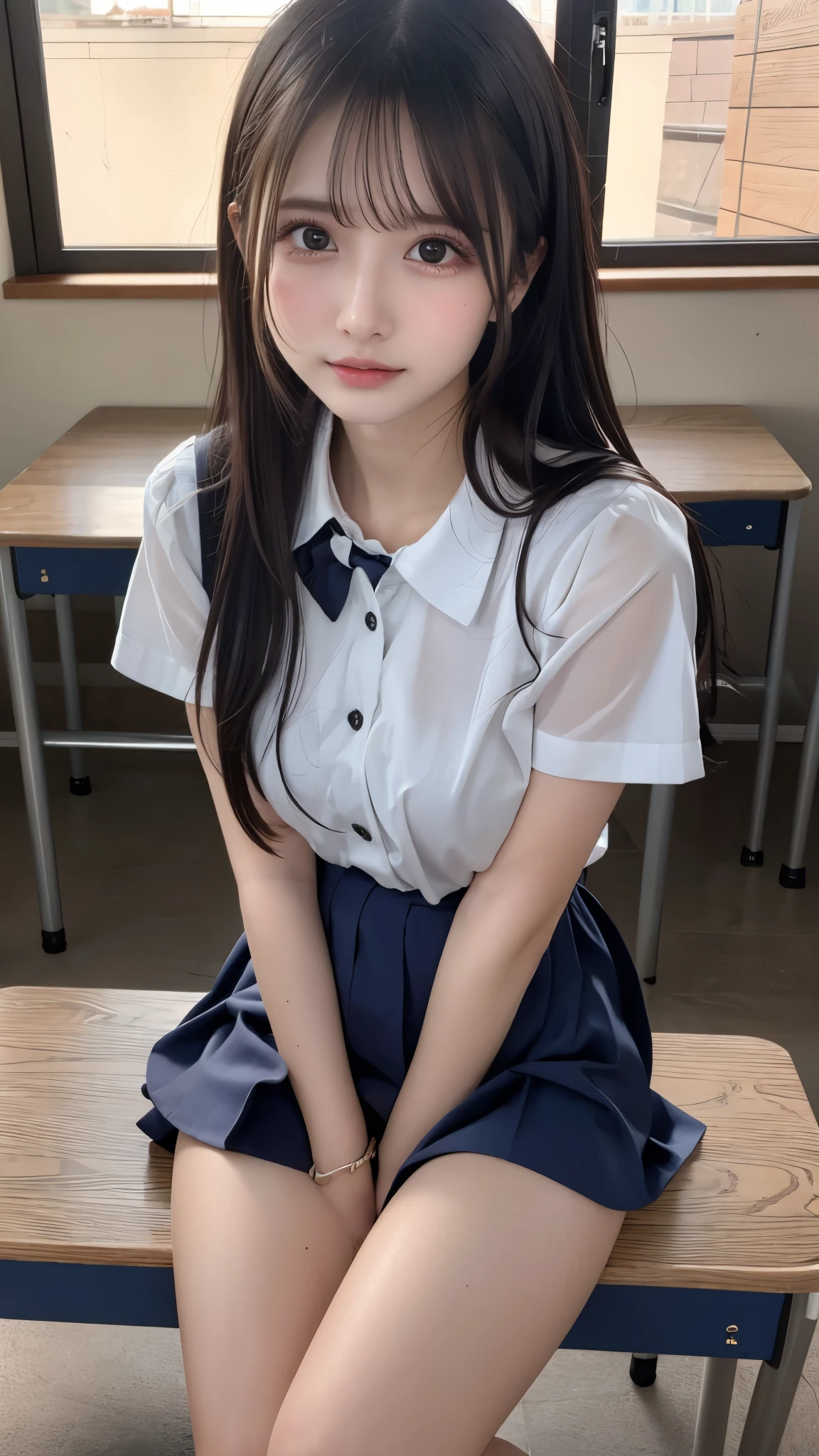 ((top-quality、​masterpiece))、Raw photography、8K、top-quality、 超A high resolution、Beautiful face in every detail、Realistic human skin、Gentle expression、front-facing view、Farbe々From an angle、length hair、realisitic、Photorealsitic、cute little、a short skirt、cute school girl、Japan schoolgirl wearing uniform、Surreal High School Girl、(wrist watch)、a bed、window、