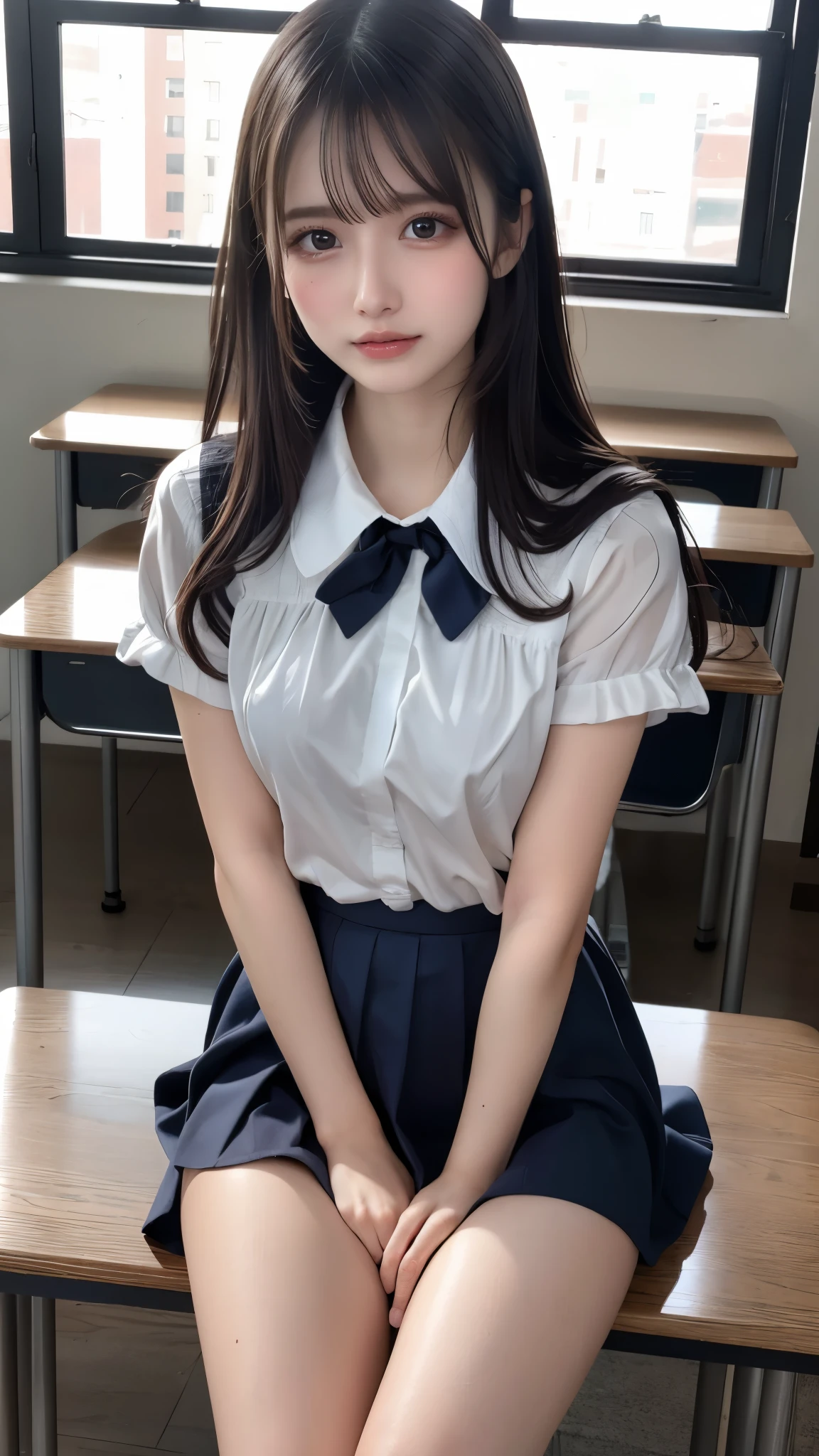 bright look、photorealism、highest quality、Super high resolution、picture、The most beautiful Nordic girls photos、cute and beautiful face details、small face、(Pueros face_v1:0.008)、美しいbangs、alice in wonderland、18-year-old、(thighs thighs thighs:1.2)、Full body Esbian、Brilliant white skin、hair gets tangled in face、顔まで伸びるbangs、bangs、hair between eyes、super long hair、Charming brown super long straight silky hair、thin hair、Charming shining beautiful bright clear light blue big eyes、(school uniform, short sleeve shirt:1.2)、eyeliner、sitting in the classroom、double eyelid、plump breasts、dynamic pose