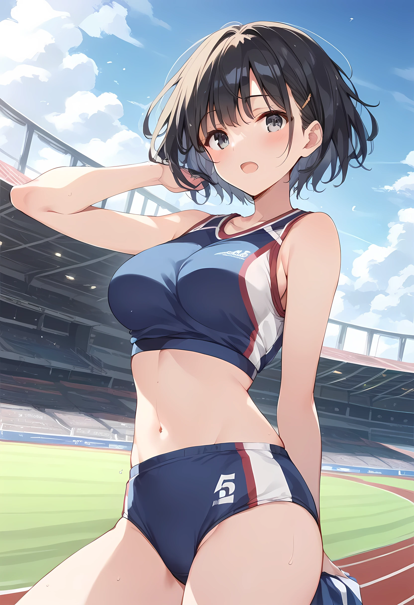 pieces fly、masterpiece、highest quality、Super detailed、High resolution、High resolution、8K portrait、Unity 8k壁紙のHigh resolutionCG、unity 8k wallpaper、Highly detailed CG unity 8k wallpaper、realistic、real person、 portrait photography、shiny skin、High resolution、(1 girl), Little,,(rape face),((cute:1.8)),((10 years old:1.5)、very detailed explanation、delicate face、nice lips、slender body、(All breasts:1.8) 、 thin waist、thin legs、1 girl, cute type, perfect face, seriously, (blush:1.5),(athletics stadium:1.6), Detailed description vagina,Show butt hole、distress, blush:1.5, think back:1.5, (open anus:1.6)、messy hair, brown bob hair,(track and field sleeveless uniform)