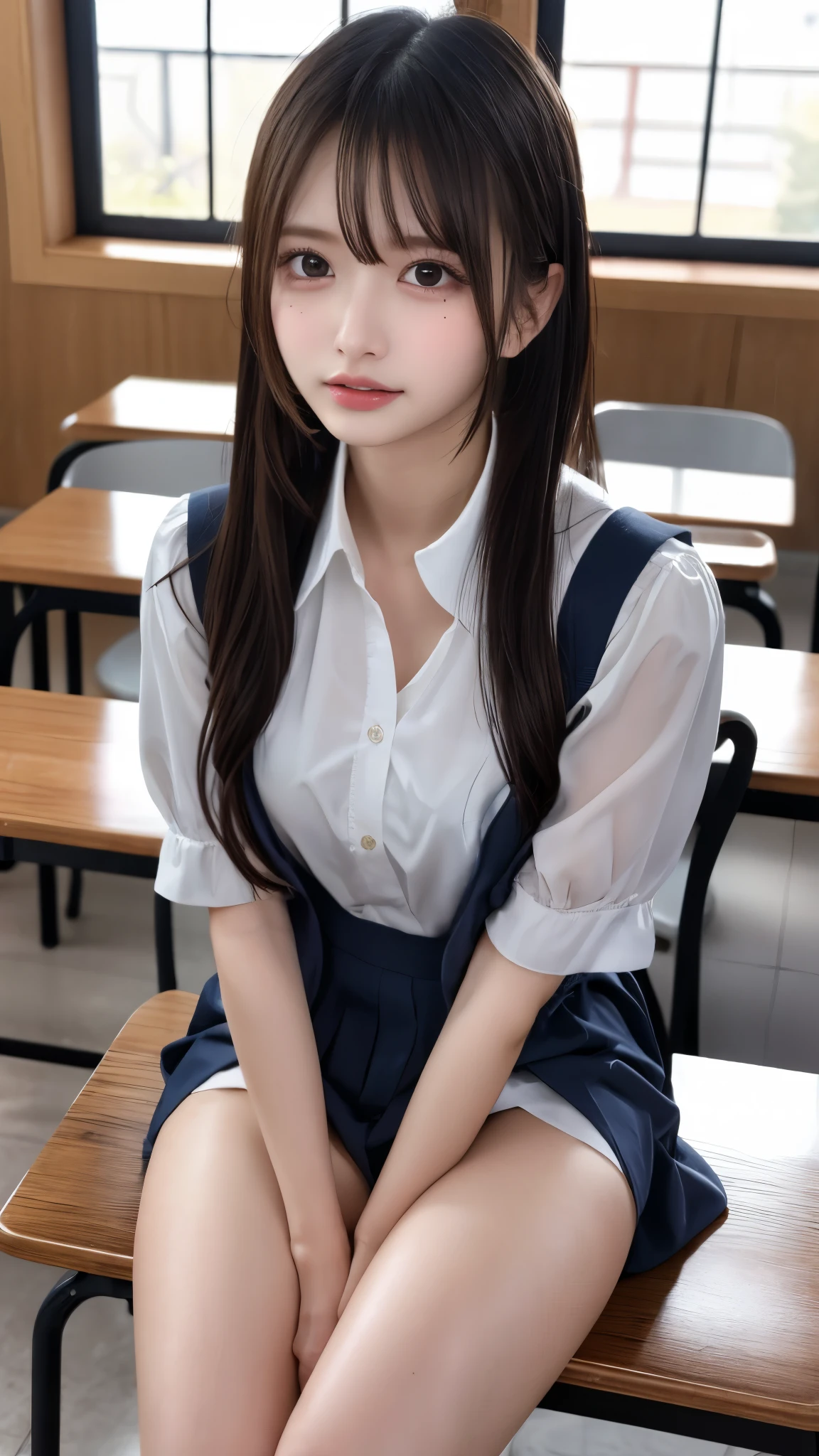 bright look、photorealism、highest quality、Super high resolution、picture、The most beautiful Nordic girls photos、cute and beautiful face details、small face、(Pueros face_v1:0.008)、美しいbangs、alice in wonderland、18-year-old、(thighs thighs thighs:1.2)、Full body Esbian、Brilliant white skin、hair gets tangled in face、顔まで伸びるbangs、bangs、hair between eyes、super long hair、Charming brown super long straight silky hair、thin hair、Charming shining beautiful bright clear light blue big eyes、(school uniform, short sleeve shirt:1.2)、eyeliner、sitting in the classroom、double eyelid、plump breasts、dynamic pose