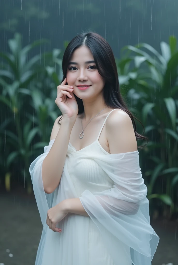 RAW, Best quality, high resolution, Masterpiece: 1.3), Beautiful Japanese woman, high resolution,Stunning Japanese girl, Masterpiece, Soft smile, short dark hair, Beautiful Japanese woman wearing pastel colored hijab during heavy rain, dark clouds, white Chiffon maxi dress, shawl, sleeveless shirt, soaking wet, high resolution, 4k, HDR, photorealistic, realistic, sweaty skin, thin face, big breasts, perfect makeup up, big eyes, glossy lips, perfect nose, smile soft, thick sexy body, portrait, cinematic, realistic, photo, standing in the rain, dirt on clothes, mud on feet, heavy rain, wet body, heavy rain, Style-Empire, (Style-Glass), ((( surrealisme))), full_body_shot, dramatic, backlit, rays of light, volumetric lighting, detailed face, very detailed, curvy shape bpdy, wet skin, wet clothes, wet body, wet hair, soaked, soaked, curled, round face, spread your legs, hands up(showing your armpits), looking at viewer, smiling, clothes shiny, oily clothes, varied poses, protruding ass