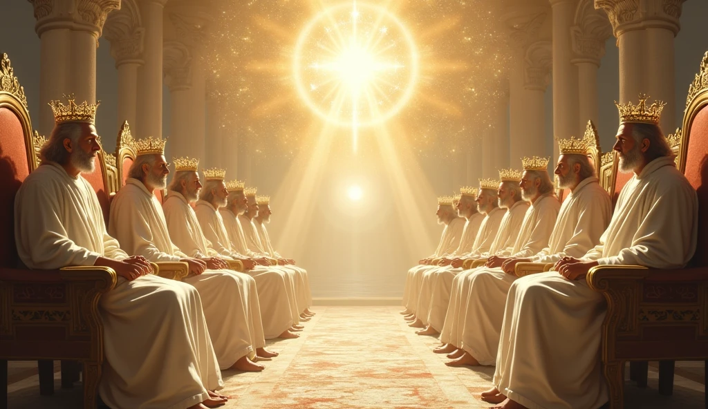 A stunning image depicting the Doomsday scenario, conforme descrito em Apocalipse 20:11. ((O trono branco onde Jesus se senta se destaca na cena)), The throne of Jesus is full of glory, Before Jesus an immense multitude of people, Everyone is in the clouds, There is no heaven or earth, simbolizando a majestade divina. Powerful angels are present, solemnly watching the opening of the books, representing the records of each individual's actions. an untold crowd of people, aguardando seu destino eterno. The mood is one of reverence and awe before the divine justice that will be established.