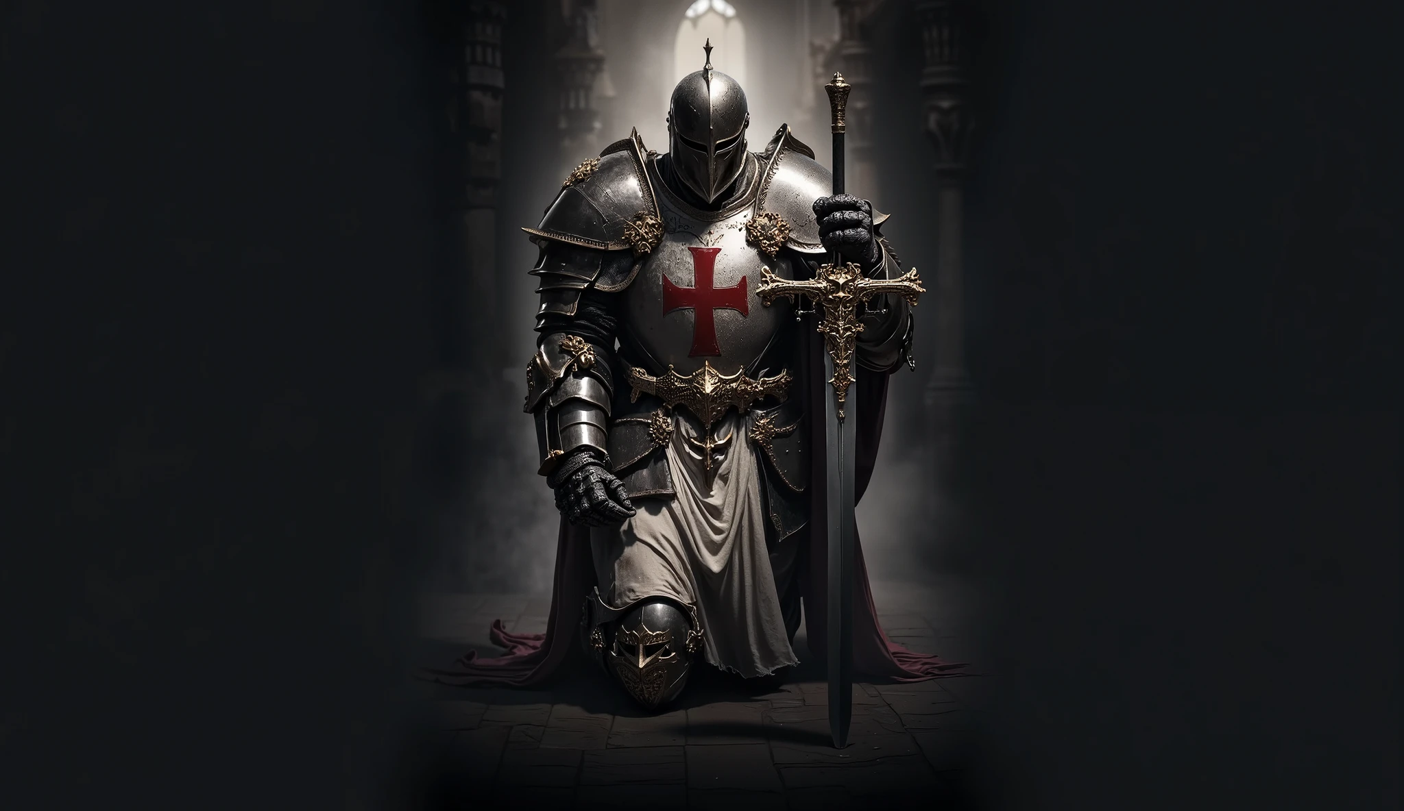 medieval knight kneeling leaning on his sword, knight's helmet of the crusades, white mandrel on his shoulders, long medieval sword, red cross of the paladins, closed helmet.