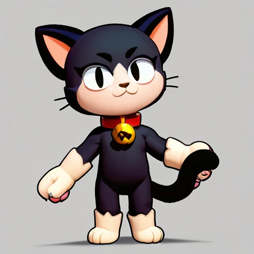 (masterpiece, best quality:1.1), solo, looking at viewer, bskit , 1boy , cat boy,   black eyes ,eyelashes, furry , black body ,black fur , white face , no nipples,   red collar , neck bell,white gloves, cat tail, black tail, no hair, bald, full body, body, paw cat