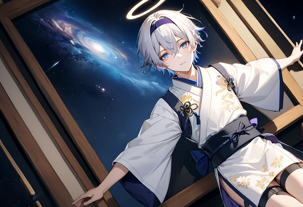 Fresh illustration,
Ultra-fine drawing,
Very delicate illustration,
Very fine details,
Only one boy,
Arms slightly outstretched,
Height 158cm,
Fair skin,
Right eye purple,
Left eye blue,
Odd eyes,
Heterochromie iris,
Beautiful eyes,
Large black pupils,
Short hair,
Blue roots and silver hair elsewhere,
Hair with a gradient,
Shiny hair,
Cute face,
Pretty face,
Shiny angel halo on the back of the head,
Raised eyebrows,
Upper body in kimono,
Upper body in traditional Japanese clothing,
Masculine build,
Six pack,
Very small breasts,
No breasts,
Lower body in Chinese dress,
Black obi,
Overall white clothes,
Tasteful embroidery with gold thread,
Clothes with a high-quality texture,
G Shoe straps,
Thigh straps,
Thigh straps digging into the skin,
White long boots,
Japanese-style toes,
Five fingers on hands and feet,
Thin waist,
Thin legs,
Isometric,
Golden ratio,
Divine atmosphere,
Wearing an indigo-colored stand-up collared inner,
Outer space,
Galaxy,
Countless small stars,
Tactical use of shadows,
Headband and hair do not extend beyond the frame,
Clothes do not extend beyond the frame,
Body orientation is symmetrical,
Clothes are symmetrical,
Full-body drawing,
Picture of a person standing motionless,