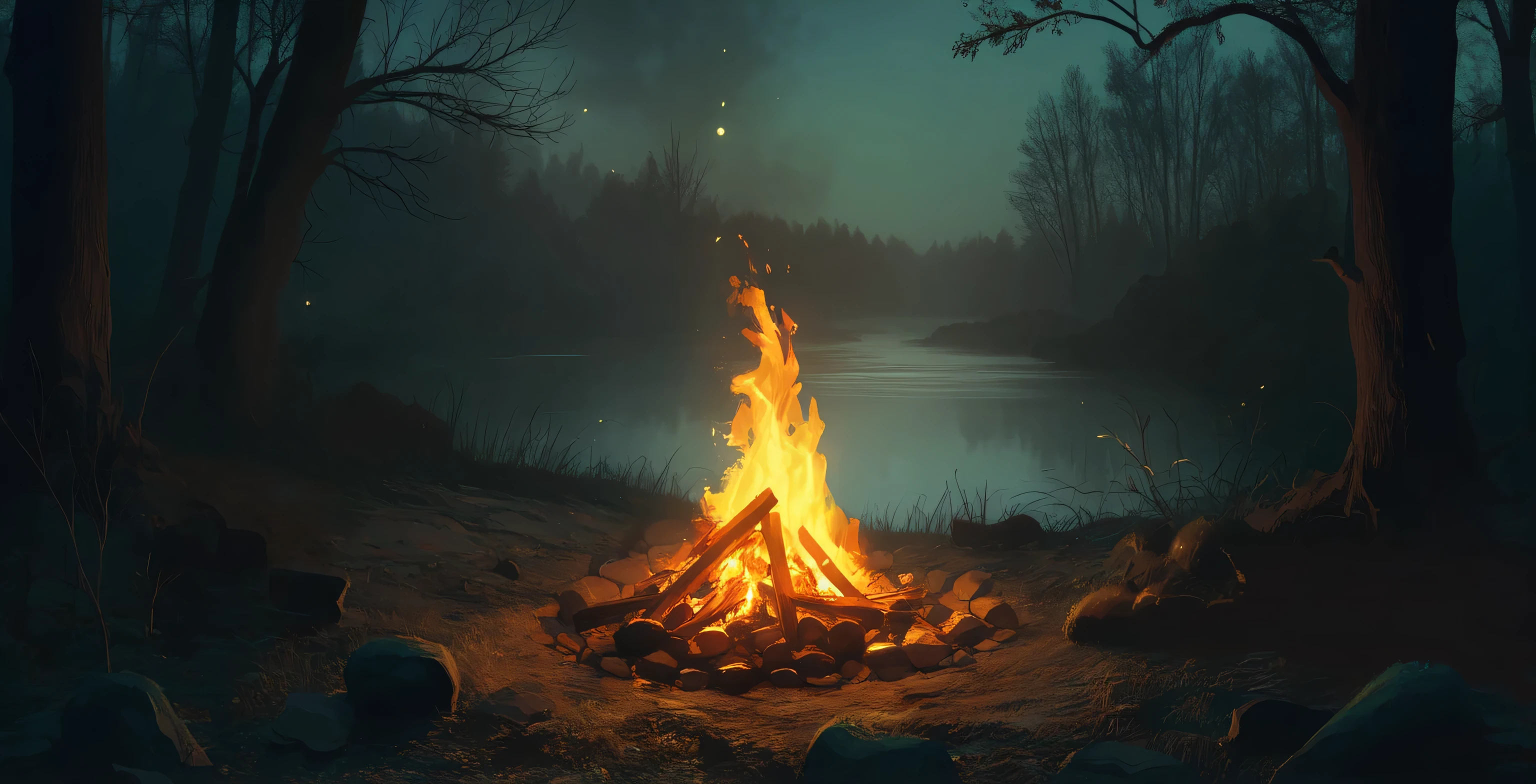 campfire, near a body of water, like a lake or a waterfall. No greenary. Dnd artstyle, digital illustration. 8k resolution. In a night time setting. with a campfire. upclose shot, with background in sight. front view. Dark forest, empty, greenish blue yellowish grey hues.  Dnd artstyle, digital illustration. 8k resolution. In a night time setting. with a campfire. Far shot, with background in sight. front view. Dark forest, romantic lighting
