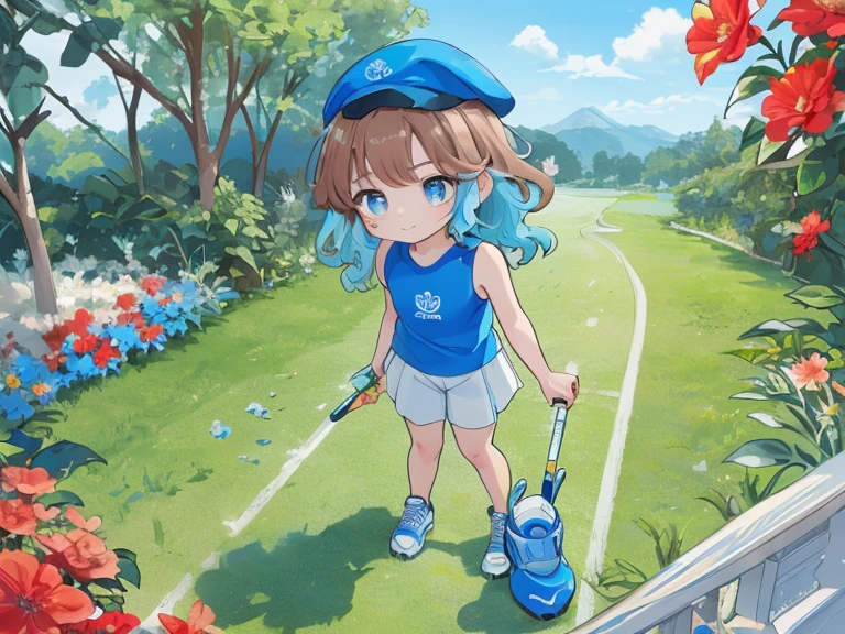 1 girl,  long hair, ( brown hair1.2), ( blue hair0.9),  blue eyes, cute face,  looking at the camera,  ((big red flower on the head)), white cap with blue, ((white cap)), [[blue cap]] Blue shirt  (( blue shirt )), [[ white shirt ]], shirt heart type, sleeveless, white tennis shoes, standing.