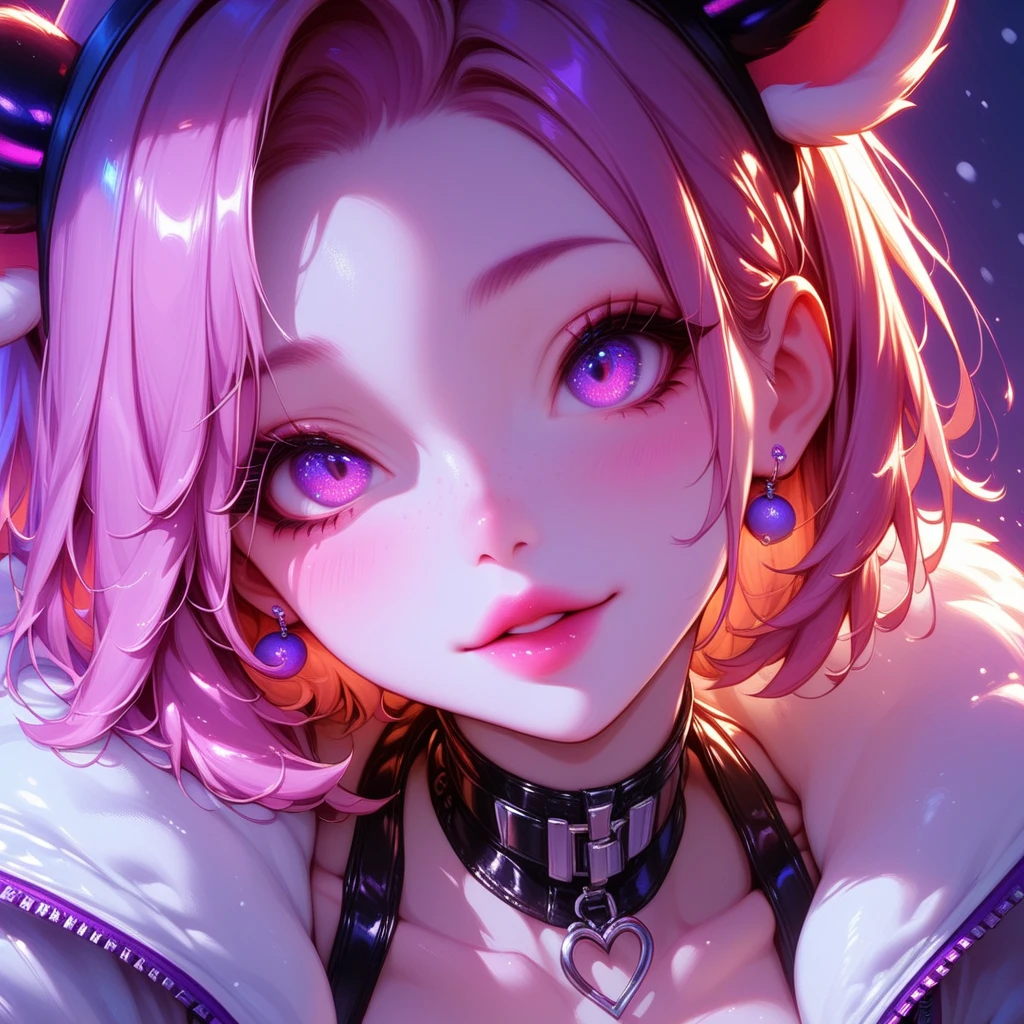 (high resolution, upper body, soft skin:1.2),(best illustration,masterpiece:1.2),ultra-detailed,[(cat ears,black fur,pink inside:1.2),vivid colors,sharp focus,portrait,studio lighting,bokeh, wearing a pink latex jumpsuit unzip to the chest, latex boots, full body portrait, smiling, arms behind head