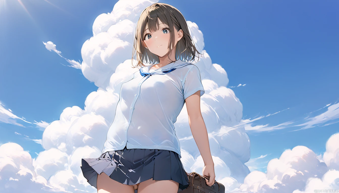   high school girl、  small tits、 no bra、Short-sleeved plain shirt   、   duffle coat、 I have a light blue miniskirt 、  I have a light blue miniskirt   、Clear sky and cumulonimbus clouds    