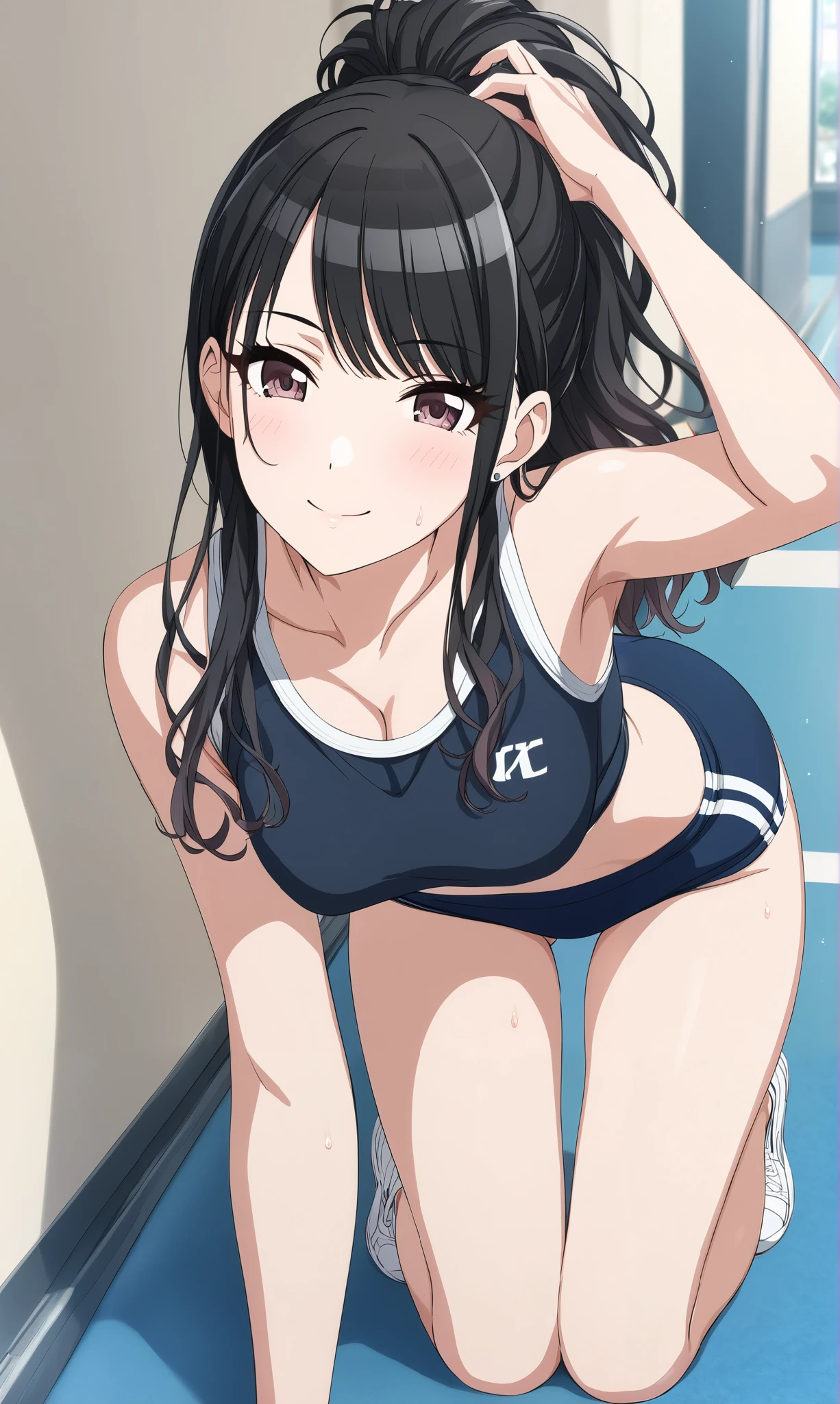  Source_anime, official style, (Hiori Kazano),  ponytail,  black hair,  dark eyes, (The Idolmaster Shiny Colors),  1 girl ,  hair between eyes ,  small breasts,  pretty butt,  cleavage, (blight smile:1.1), (Gym clothes), (navy-blue buruma), ( cute pose:1.2), (Shy), ( pink cheeks:1.5), ( is fascinated),  is sitting with her legs spread apart, ( lean forward:1.2), Ground, School,  score_9,  score_8_superior,  score_7_superior,  Source_anime, (best quality:1.2), masterpiece,  high quality , full color, 8k,  high res,  natural makeup,  front light 