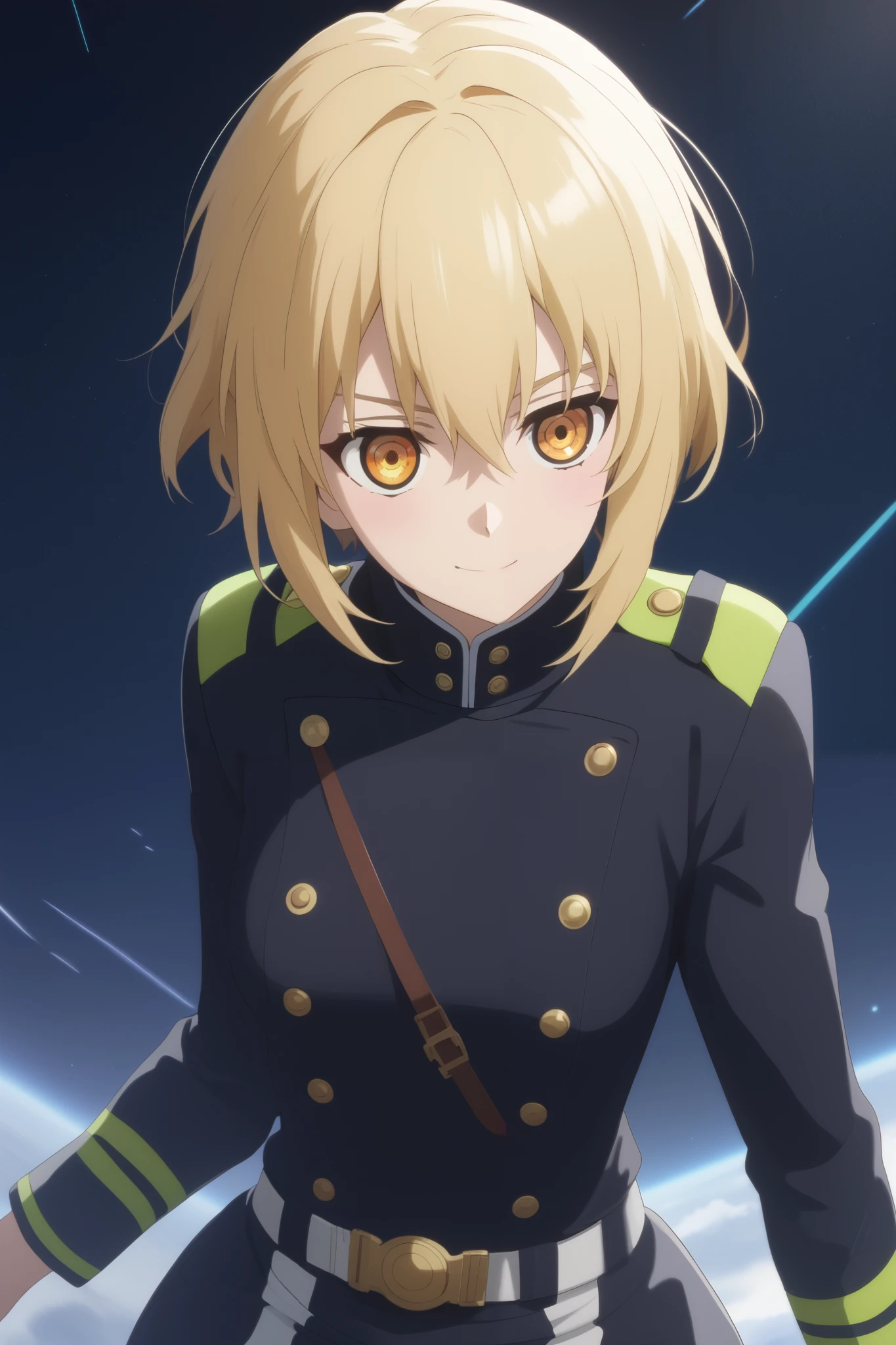 score_9, score_8_up, score_7_up, source_anime,  intricate details , (3d:0.4), ,  1 girl fights,  blonde , solo, female focus, светло-yellow hair,  amber eyes, big amber-colored eyes ,  short blond hair ,  hair between eyes,  sci-fi space opera, short bob hair , bangs, yellow hair, smile, blushed, black uniform, Breasts,  thin waist,  slender legs , trousers