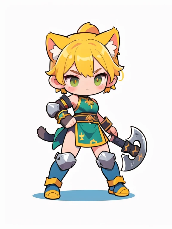  Cute Female Warrior Style  ,  European RPG Warriors  , blue and green iron armor, white background.  yellow hair ,  tied hair , cat ears, grey iron armor costume, Full Body Protection  , black eyes ,  Stylish Poses  ,  half side ,  dynamic battle pose, I'm carrying a combat axe. Landing position, The action of slamming an axe, 