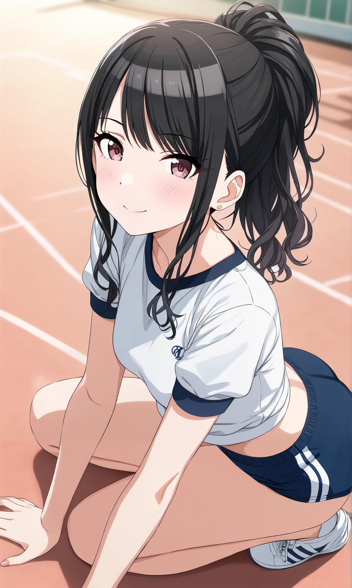  Source_anime, official style, (Hiori Kazano),  ponytail,  black hair,  dark eyes, (The Idolmaster Shiny Colors),  1 girl ,  hair between eyes ,  small breasts,  pretty butt,  cleavage, (blight smile:1.1), (Gym clothes), (navy-blue buruma), ( cute pose:1.2), (Shy), ( pink cheeks:1.5), ( is fascinated), Ground, School,  score_9,  score_8_superior,  score_7_superior,  Source_anime, (best quality:1.2), masterpiece,  high quality , full color, 8k,  high res,  natural makeup,  front light 