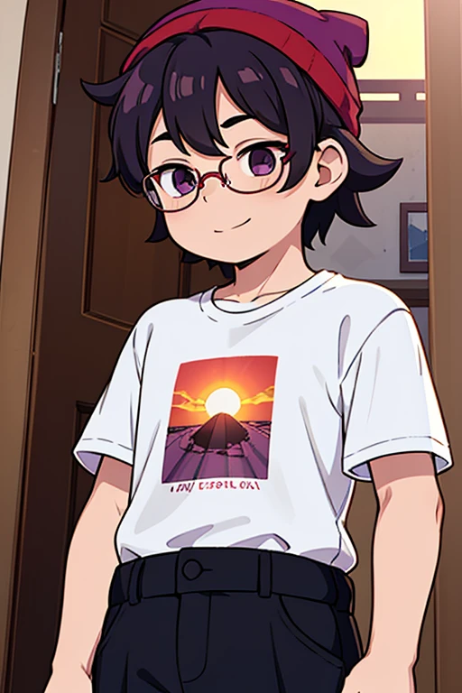 Young shota, alone, facial expressions, messy hairstyle, detailed body, clothes, shirt, pants, purple eyes, glasses on the head, modern art, lens aperture 1.4, cinematic shot, sunset, short shirt, the palace is cleansing, great work, high detail, smile, beanie 