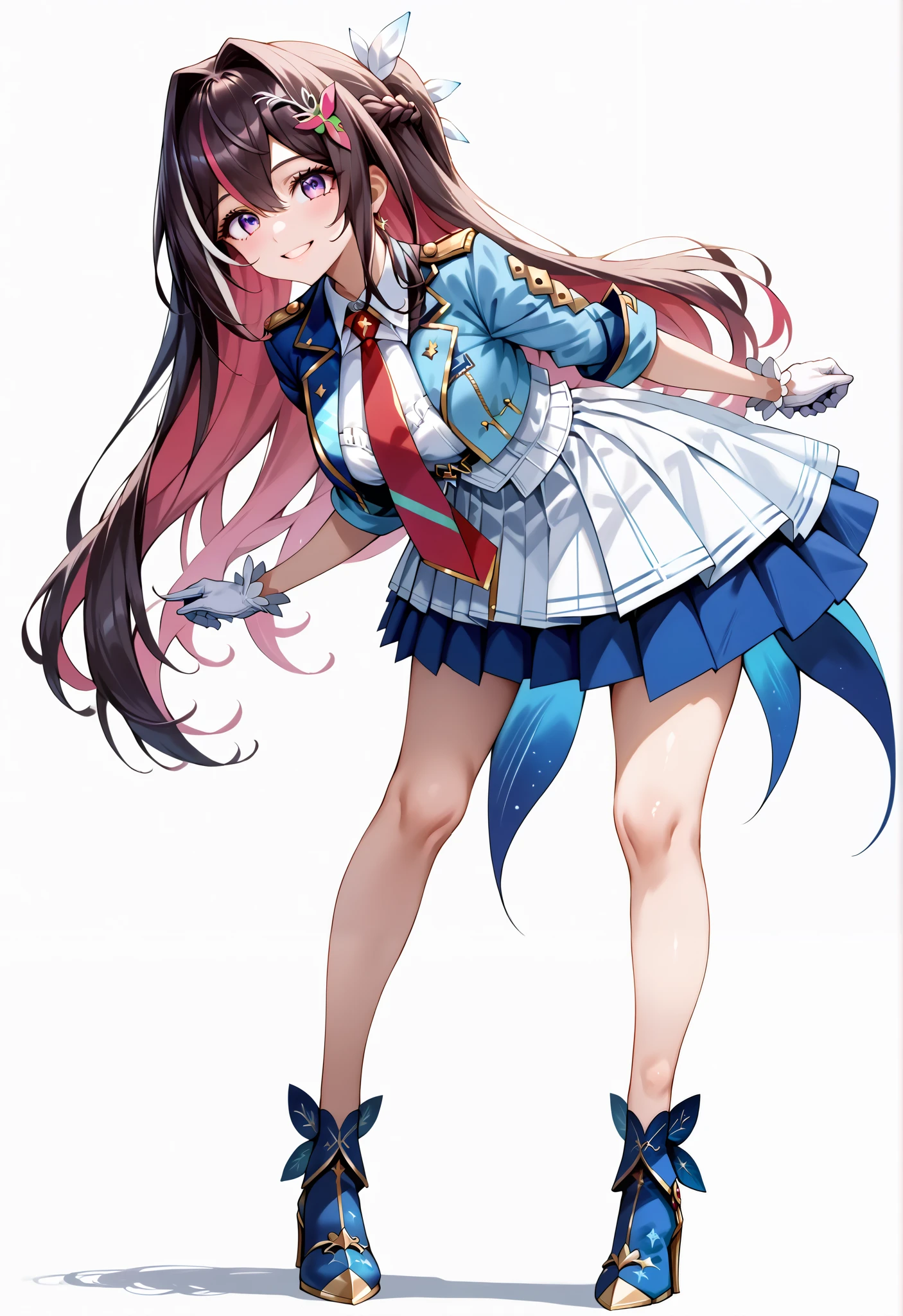 score_9, score_8_up, score_7_up, source_anime, 4K,perfect fingers,(perfect hands, perfect anatomy),prefect lighting, very aesthetic, intricate details,highly detailed background, masterpiece, high quality, best quality,
1girl,Azki, multicolored hair, long hair, french braid, hair ornament, large breast,
wearing ((headgear,shrug \(clothing\),blue jacket,cropped jacket,short dress,two-tone dress,white dress,blue dress,collared dress,pleated dress,red necktie,short sleeves,white gloves, )),
looking at the spectator, filed, (Lower your hands forward:1.5), high thigh individual , (large breasts:0.9),Stand up,((fullbody:1.5)),((White plain background:1.5)) ,smile,((front look:1.5)),((leaning forward:1.3)), ((Looking up)),looking at viewer,
