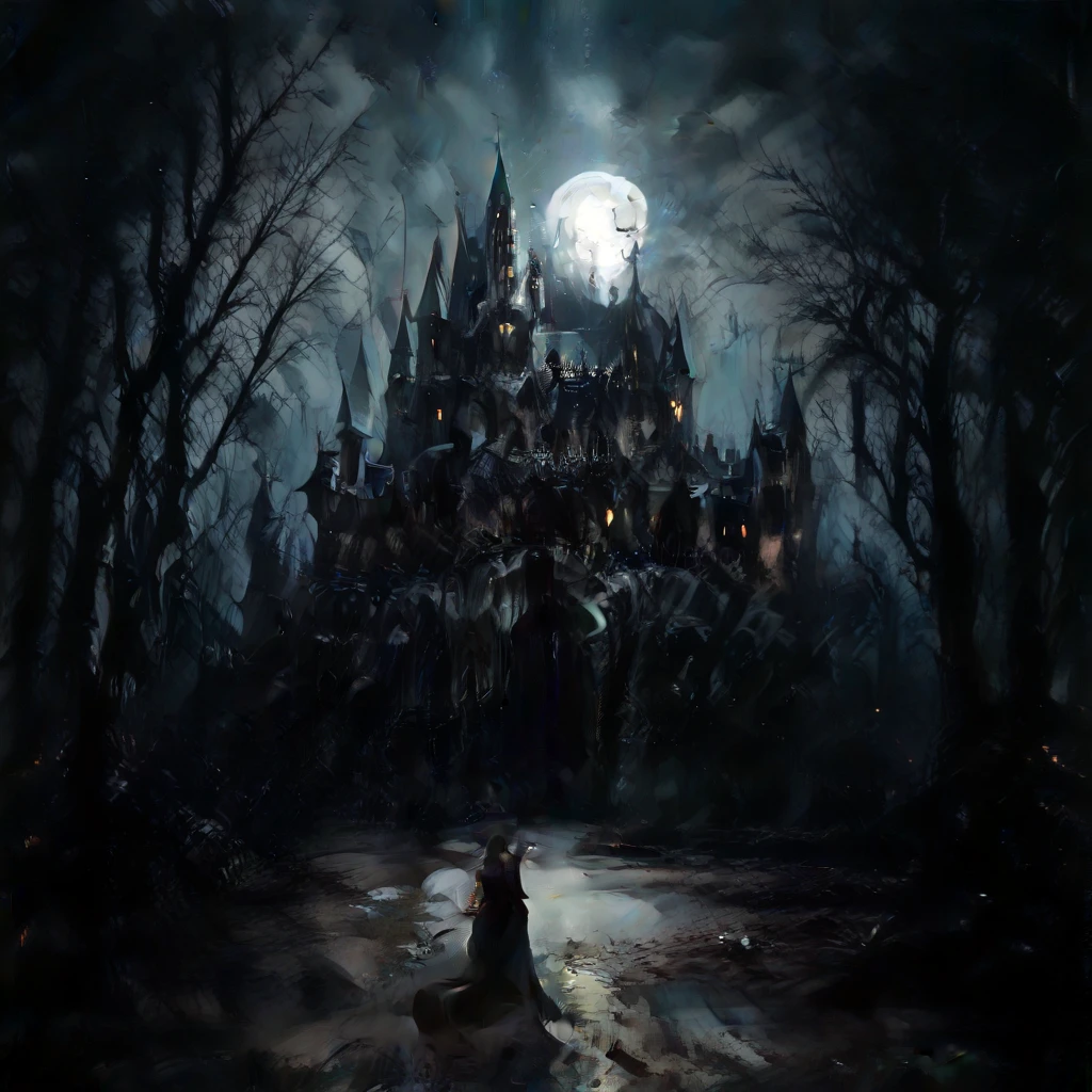 portrait of a dark forest of dead trees, horror scene, night, light moonlight, fog, dark and sinister atmosphere, a dirt path with two slight bends leads to the entrance of a medieval castle, castle ruled by evil forces, image dark, castle in the distance, a sexy naked woman walks towards the castle, woman distant from the room, bones and skulls on the path, very sinister atmosphere, the image should evoke a sense of danger and fear