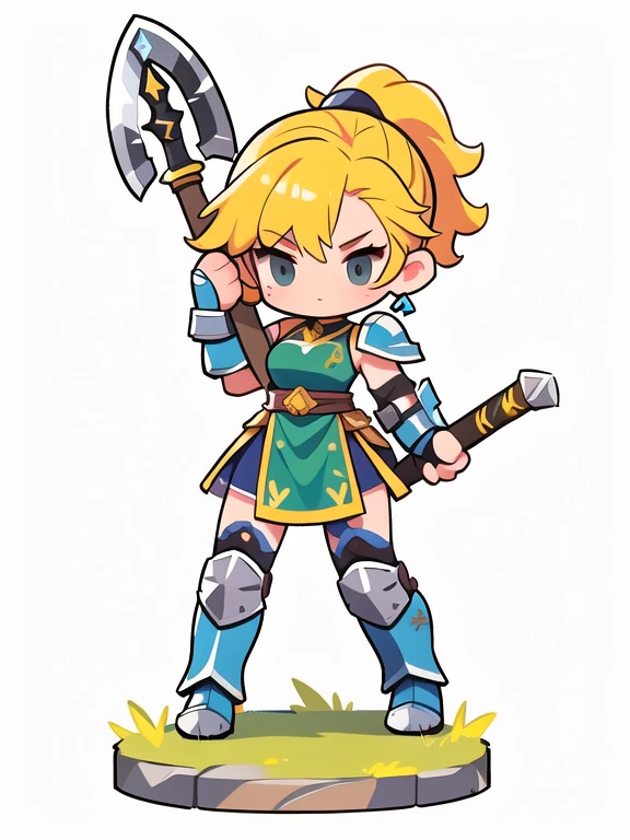  Cute Female Warrior Style  ,  European RPG Warriors  , blue and green iron armor, white background.  yellow hair ,  tied hair , grey iron armor costume, Full Body Protection  , black eyes ,  Stylish Poses  ,  half side ,  dynamic battle pose, I'm carrying a combat axe. Landing position, The action of slamming an axe, 