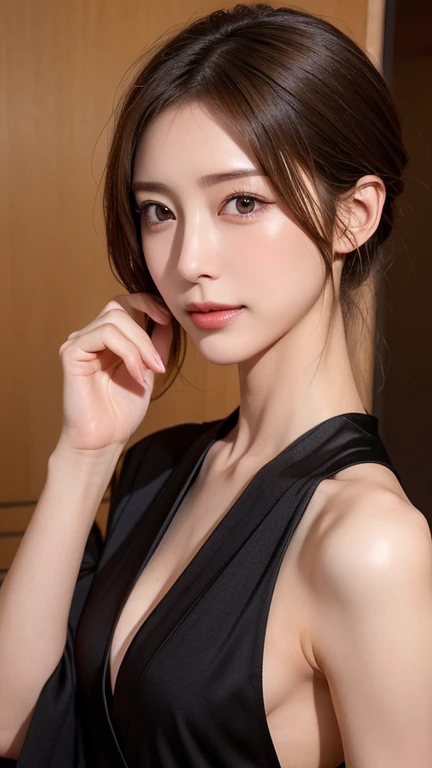  mature woman,masterpiece, slim slender, realistic, adult sex appeal, perfect body, beautiful faces,Facial beauty, Japanese women,Black kimono,Beautiful nape