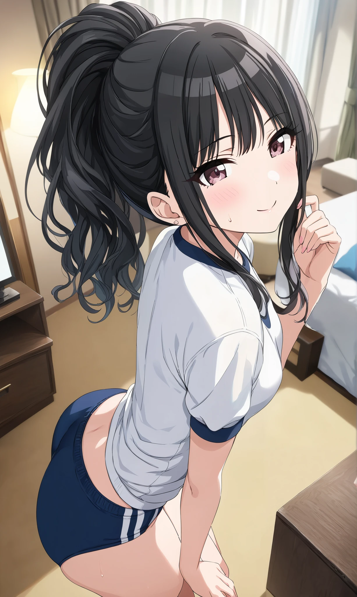 Source_anime, official style, (Hiori Kazano), ponytail, black hair, dark eyes, (The Idolmaster Shiny Colors), 1 girl , hair between eyes , small breasts, pretty butt, cleavage, (blight smile:1.1), (Gym clothes), (navy-blue buruma), ( cute pose:1.2), (Shy), ( pink cheeks:1.5), ( is fascinated), living room , hotel, night, score_9, score_8_superior, score_7_superior, Source_anime, (best quality:1.2), masterpiece, high quality , full color, 8k, high res, natural makeup, front light