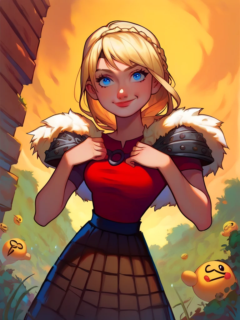 score_9, score_8_up, score_7_up, 1girl, dynamic pose, cowboy shot, looking at viewer, smiley face, dutch angle, valley, vegetation, hands up, 
 AstridXL, blonde hair, blue eyes, braid, shoulder armor, pauldrons, pants, skirt, fur trim, red shirt, cartoon,