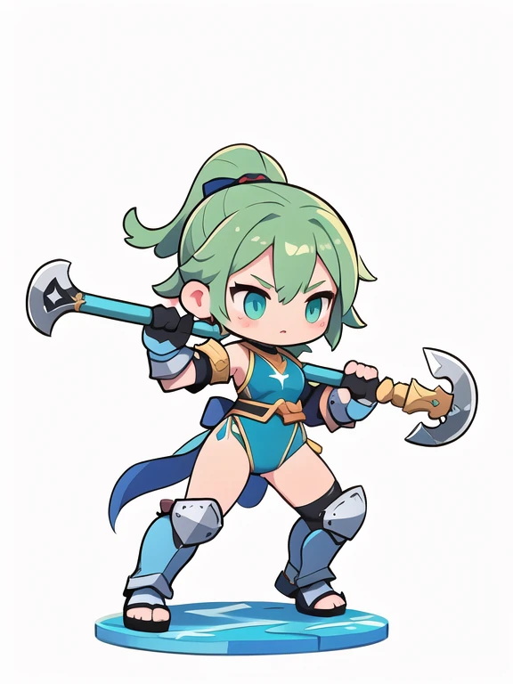  Cute Female Warrior Style  ,  European RPG Warriors  , blue and green iron armor, white background.  Full Body Protection  ,  swimsuit, ,  Stylish Poses  ,    dynamic battle pose, I'm carrying a combat axe. Landing position, The action of slamming an axe, 