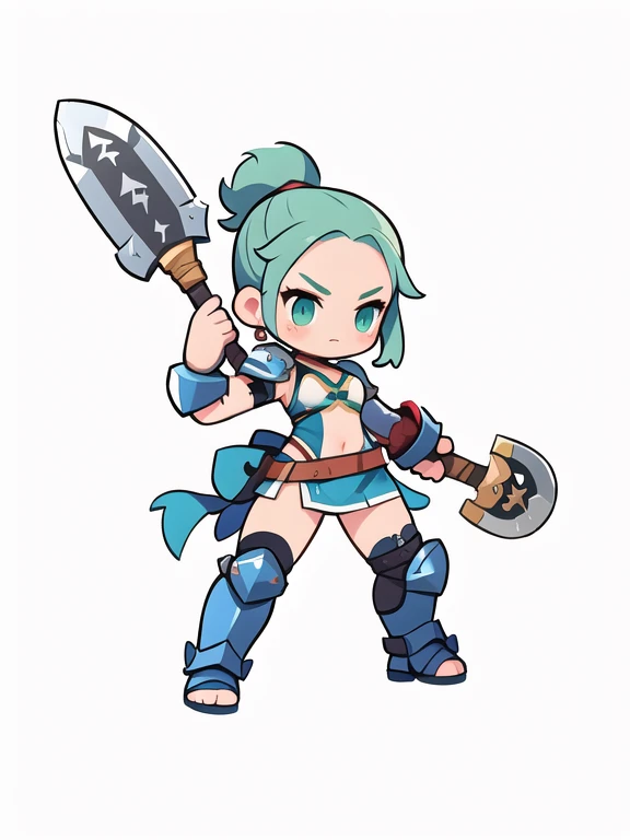  Cute Female Warrior Style  ,  European RPG Warriors  , blue and green iron armor, white background.  Full Body Protection  ,  swimsuit, ,  Stylish Poses  ,    dynamic battle pose, I'm carrying a combat axe. Landing position, The action of slamming an axe, 