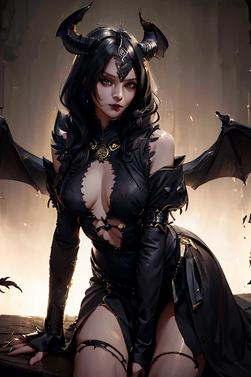 (( top quality )), ((傑 top quality 、masterpiece、High sensitivity、 high res、 detailed depiction 、 delicate face depiction ))Slender Woman、devil、 enamel bodysuit、 spread the wings of a black bat 、Torn Cloak、My lips are black 、Put a sheep horn on your head 、Sit on a chair made of ice、