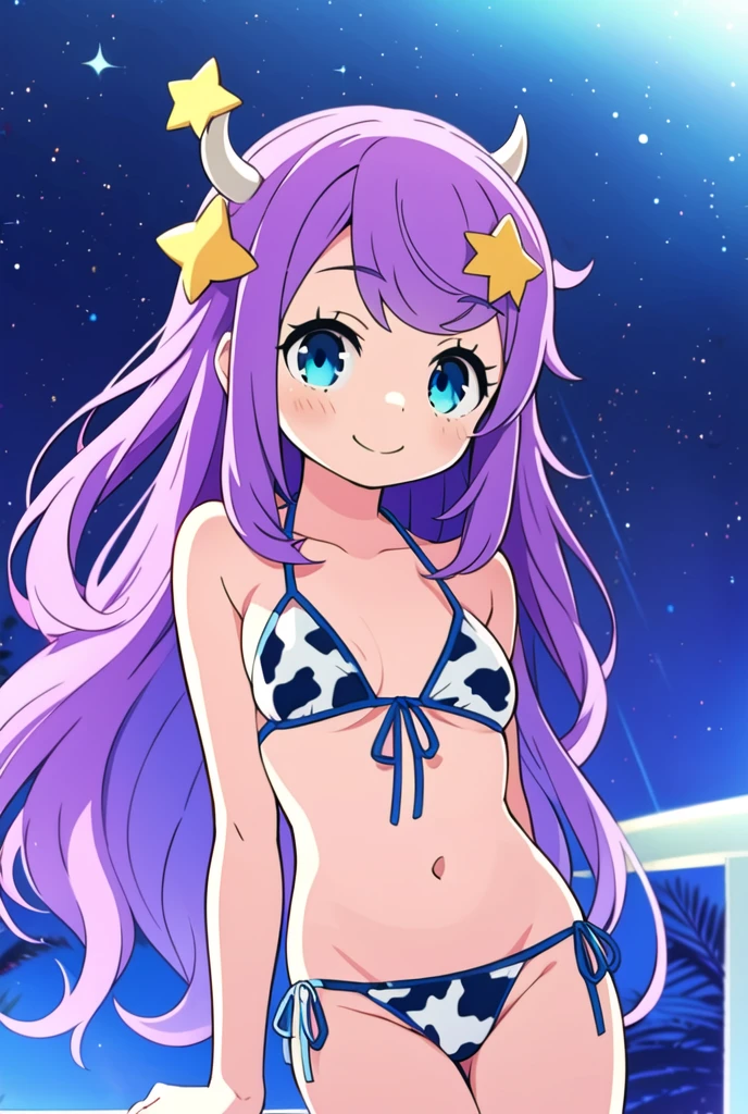  a girl, Alone, light purple  hair, long hair, blue eyes, sonrisa, cow print bikini, star hair ornament, 