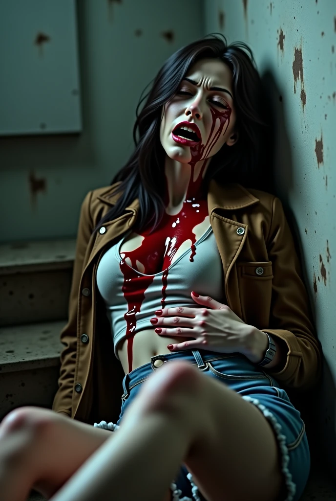 ((Closeup Photo portrait )), kneeling,((nude)), (bloody body):1.4, (bloody wounds):1.7, (((18 years old girl))) beautiful ((frightened :1.7 )) ((panic:1.7)) (scream:1.4) jessica alba , ((skinny body:1.2)), old depressive red bloody brick wall, sexy,photorealistic,Masterpiece