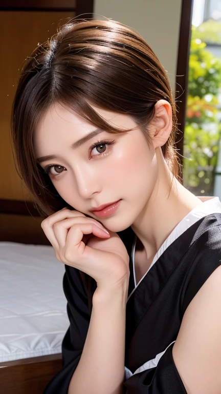  mature woman,masterpiece, slim slender, realistic, adult sex appeal, perfect body,Ultra short hair, beautiful faces,Facial beauty, Japanese women,Black kimono, ( face up to hairstyle)