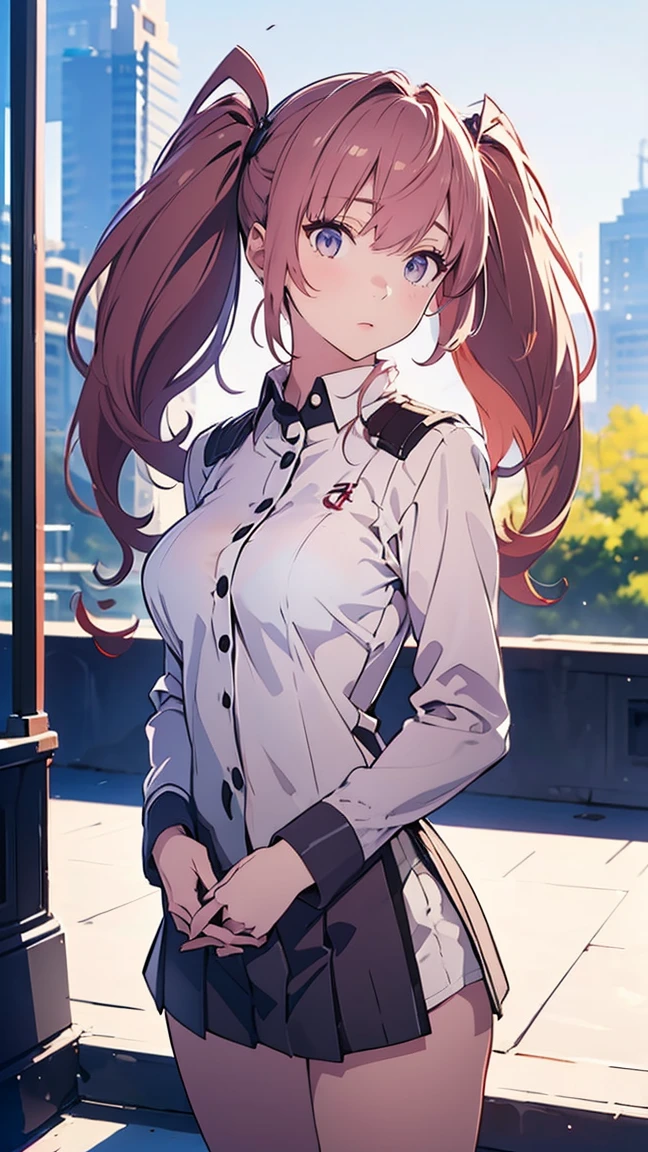 (Atlanta:1.5) 、(kantai collection:1.5), twin tails、 ( purple eyes:1.1), red hair, (( uniform:1.5)),(standing:1.3) Break highly detailed face and skin textures,  beautiful eyes,  white skin, break,(large breasts:1.3), (Perfect hands, perfect anatomy),(small head),(scrawny legs:1.0),((pale bule skin)), cowboy shot,
