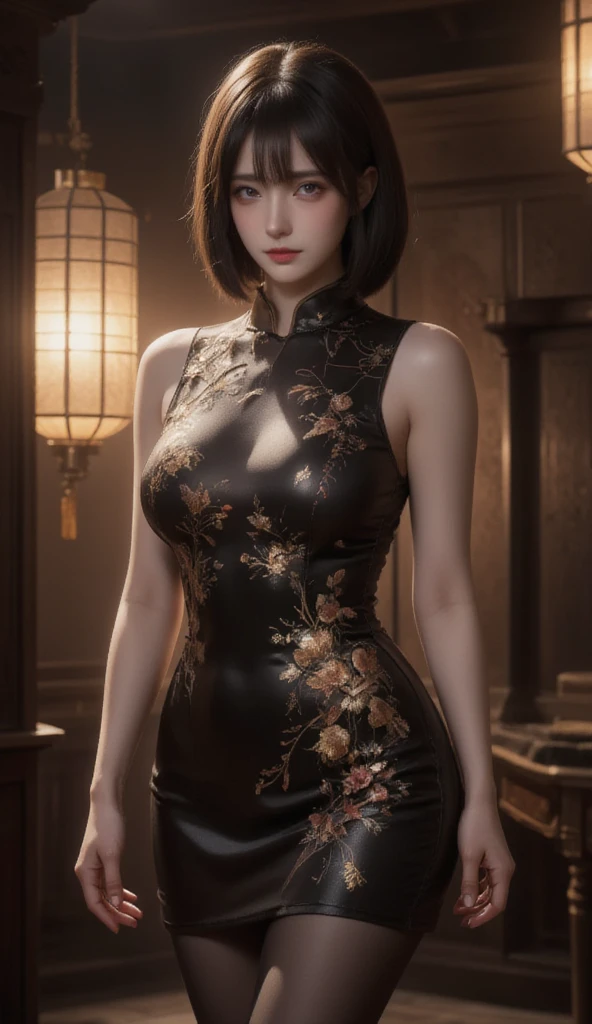 (32k uhd, hdr, (incremental absurdes:1.4), 1girl, ((milf)), ((curve)),Realistic,Chinese woman,short black hair,sexy face,tight fitting sleeveless cheongsam,full figure,full chest,exquisite embroidery,enticing figure,black silk stockings,realistic facial texture,ultra clear,masterpiece,