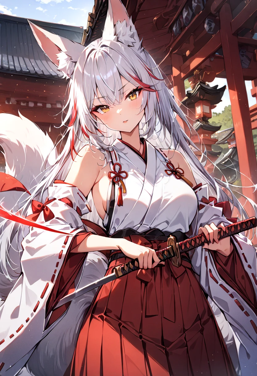 ((masterpiece, best quality, ultra detailed, high resolution, detailed facial description)), (solo, 1 noble woman:1.3), (miko, hakama skirt, detached sleeves), (fox ears, fox, tail), (long white hair, red gradation color hair:1.3), (tsurime:1.3, fox eyes), (red eyeliner), (holding katana, unsheathing,:1.3, slashing:1.3), looking at viewer, (Japanese traditional shrine)