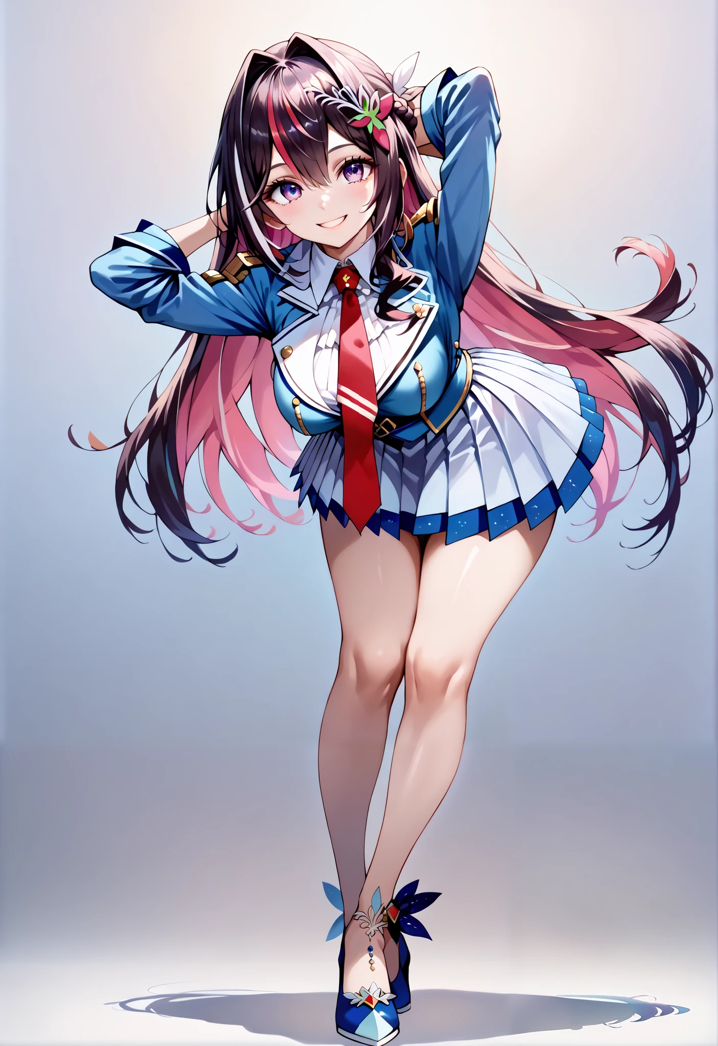 score_9, score_8_up, score_7_up, source_anime, 4K,perfect fingers,(perfect hands, perfect anatomy),prefect lighting, very aesthetic, intricate details,highly detailed background, masterpiece, high quality, best quality,
1girl,Azki, multicolored hair, long hair, french braid, hair ornament, large breast,
wearing ((headgear,shrug \(clothing\),blue jacket,cropped jacket,short dress,two-tone dress,white dress,blue dress,collared dress,pleated dress,red necktie,short sleeves,white gloves, )),
looking at the spectator, filed, (arms behind head:1.5), high thigh individual , (large breasts:0.9),Stand up,((fullbody:1.5)),((White plain background:1.5)) ,smile,((front look:1.5)),((leaning forward:1.3)), ((Looking up)),looking at viewer,
