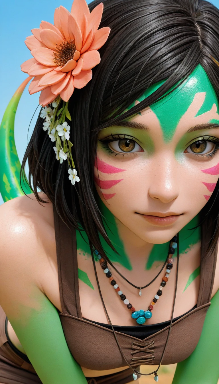 Realistic:1.4, 1girl, close up, portrait, +-neeko, facial marks, hair ornaments, hair flower, necklace, brown shorts, croptop, lizard tail,