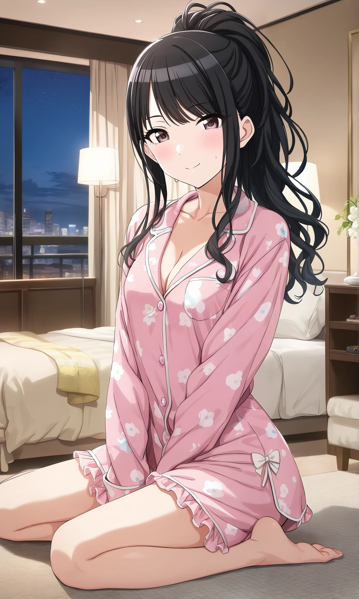 Source_anime, official style, (Hiori Kazano), ponytail, black hair, dark eyes, (The Idolmaster Shiny Colors), 1 girl , hair between eyes , small breasts, pretty butt, cleavage, (blight smile:1.1), (Cute pajamas), ( cute pose:1.2), (Shy), ( pink cheeks:1.5), ( is fascinated), living room , hotel, night, score_9, score_8_superior, score_7_superior, Source_anime, (best quality:1.2), masterpiece, high quality , full color, 8k, high res, natural makeup, front light