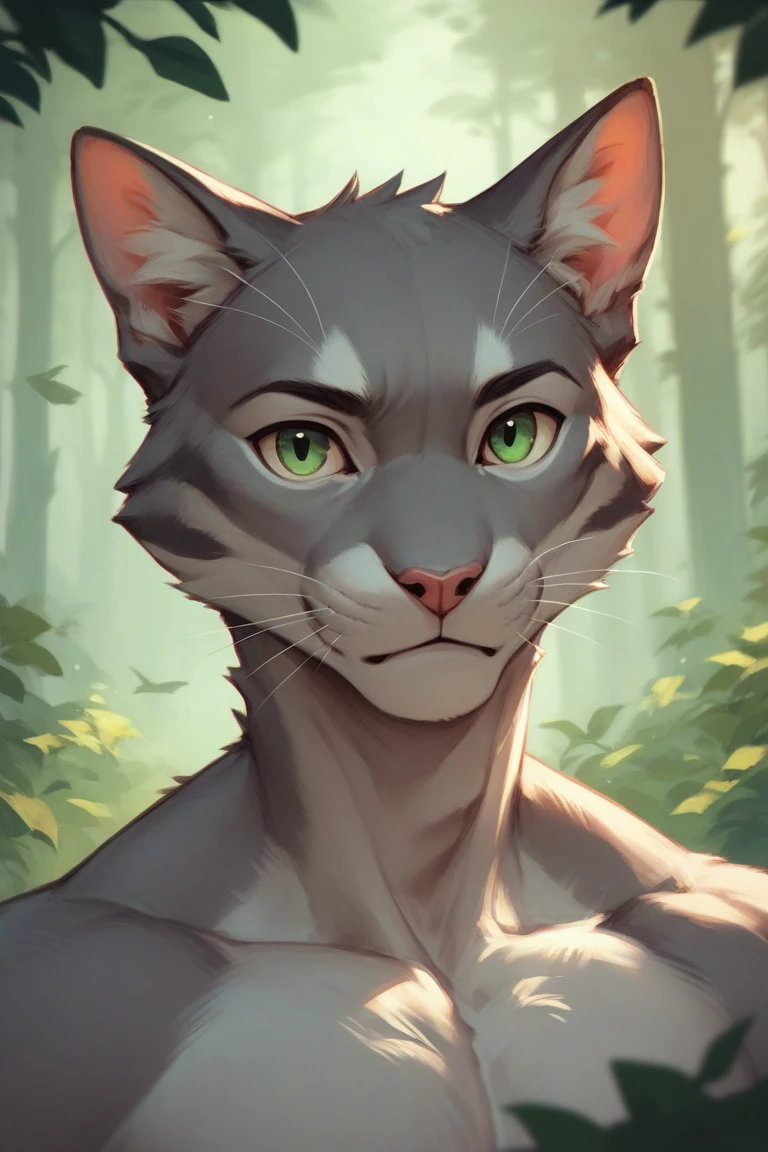  cat, gray fur, green eyes, furry, anthropomorphic, naked, forest background