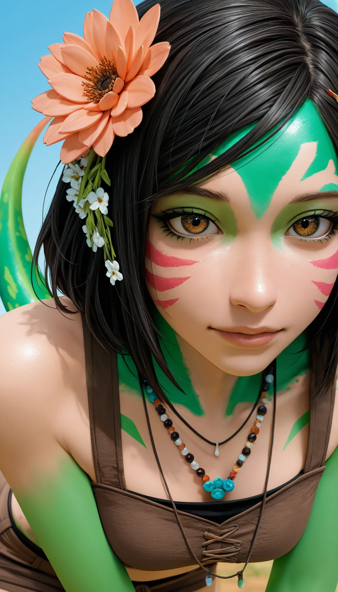 Realistic:1.4, 1girl, close up, portrait, +-neeko, facial marks, hair ornaments, hair flower, necklace, brown shorts, croptop, lizard tail,