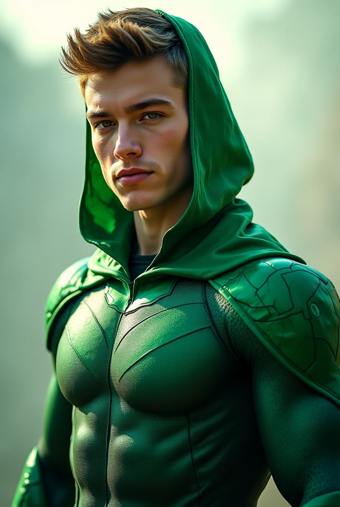 Full body photorealistic handsome hunky young slender futuristic male hero with messy powder green hair wearing a green and very very light green costume and wristbands that can manipulation forest ,,super Bulge. 