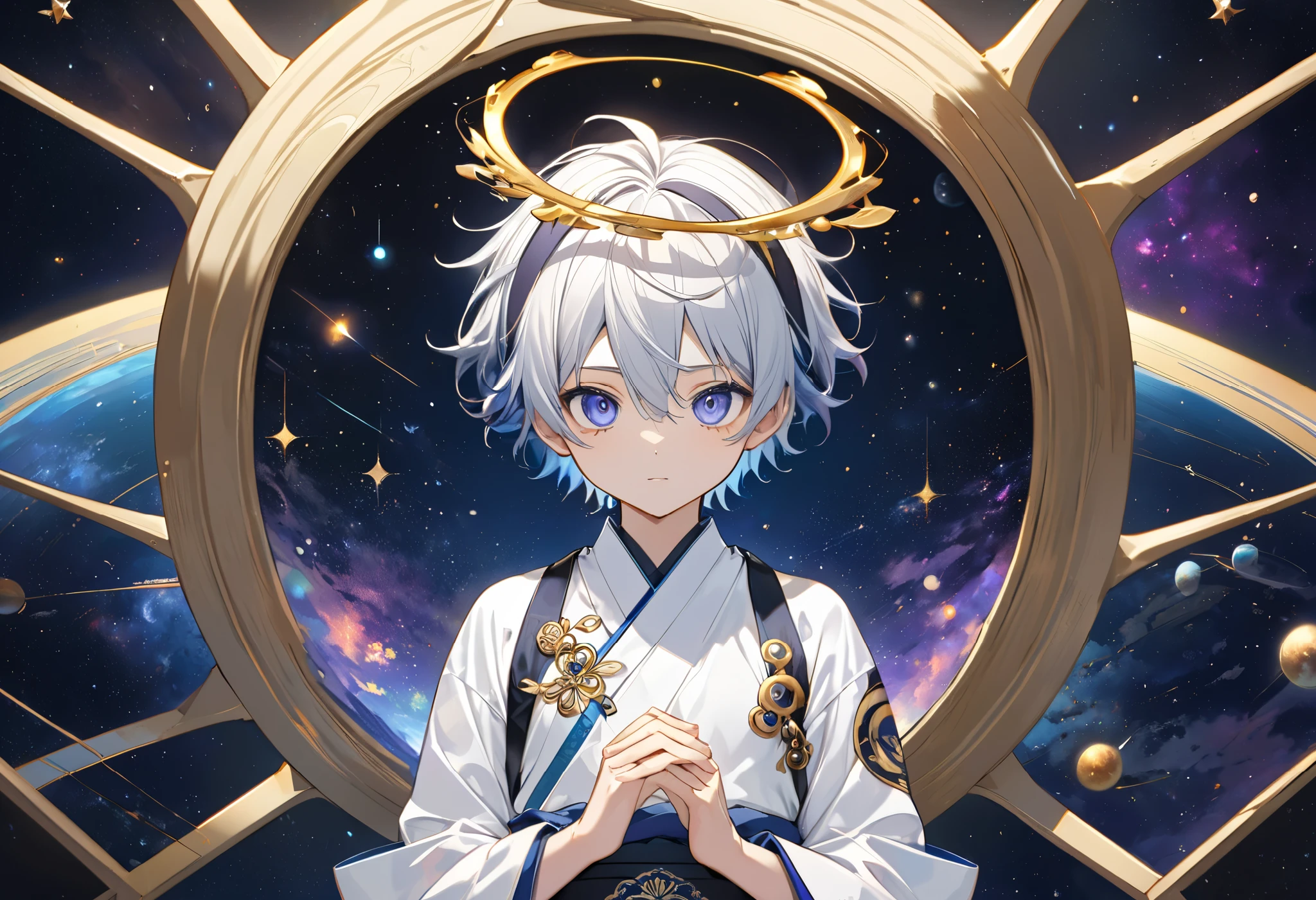 Fresh illustration,
Ultra-fine drawing,
Very delicate illustration,
Very fine details,
Only one boy,
Arms slightly outstretched,
Height 158cm,
Fair skin,
Right eye purple,
Left eye blue,
Odd eyes,
Heterochromie iris,
Beautiful eyes,
Large black pupils,
Short hair,
Blue roots and silver elsewhere,
Hair with a gradient,
Shiny hair,
Cute face,
Pretty face,
Shiny halo on back of head,
Raised eyebrows,
Kimono upper body,
Japanese clothing upper body,
Masculine build,
Six pack,
Very small breasts,
No breasts,
Chinese dress lower body,
Black obi,
White clothes overall,
Tasteful embroidery with gold thread,
Clothes with high-quality texture,
Jockstrap wrap,
thigh straps,
thigh straps digging into skin,
white long boots,
Japanese-style toes,
five fingers on hands and feet,
thin waist,
thin legs,
isometric,
golden ratio,
divine atmosphere,
wearing an indigo-colored stand-up collared inner,
outer space,
galaxy,
countless small stars,
tactical use of shadows,
headband and hair do not extend beyond the frame,
clothes do not extend beyond the frame,
body orientation is symmetrical,
clothes are symmetrical,
full-body view,
picture standing motionless,
facing forward,