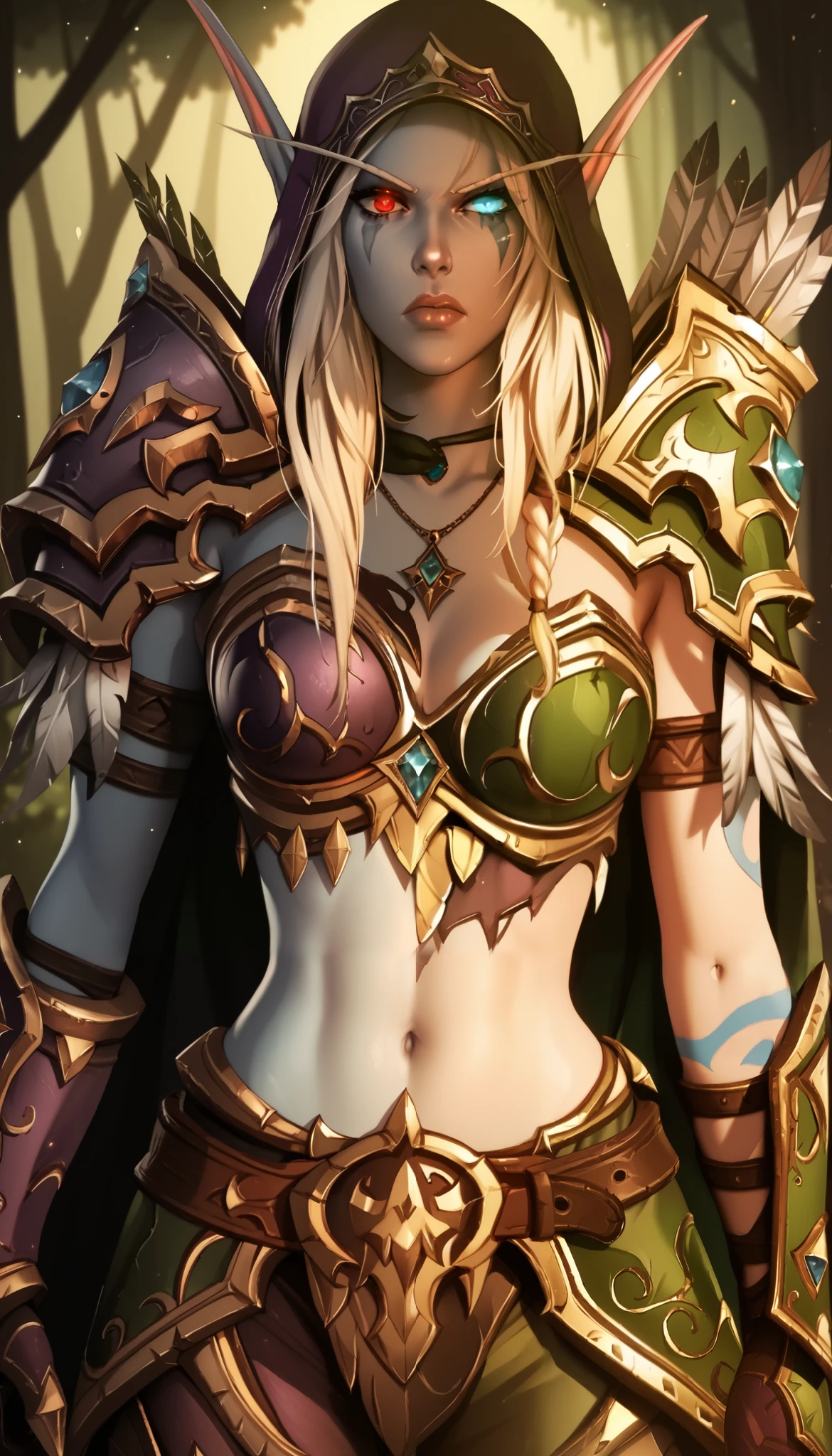 Looking at viewer, (SplitScreen, split screen, Shadow Forest background, BREAK sylwinundead, long hair, undead, white hair, grey skin, pointy ears, red eyes, hood, pauldrons, glowing eyes, breastplate, gloves, armor, cape, pants, midriff, angry, colored skin, purple hood, navel, purple armor, purple pants, blue skin:1.1)