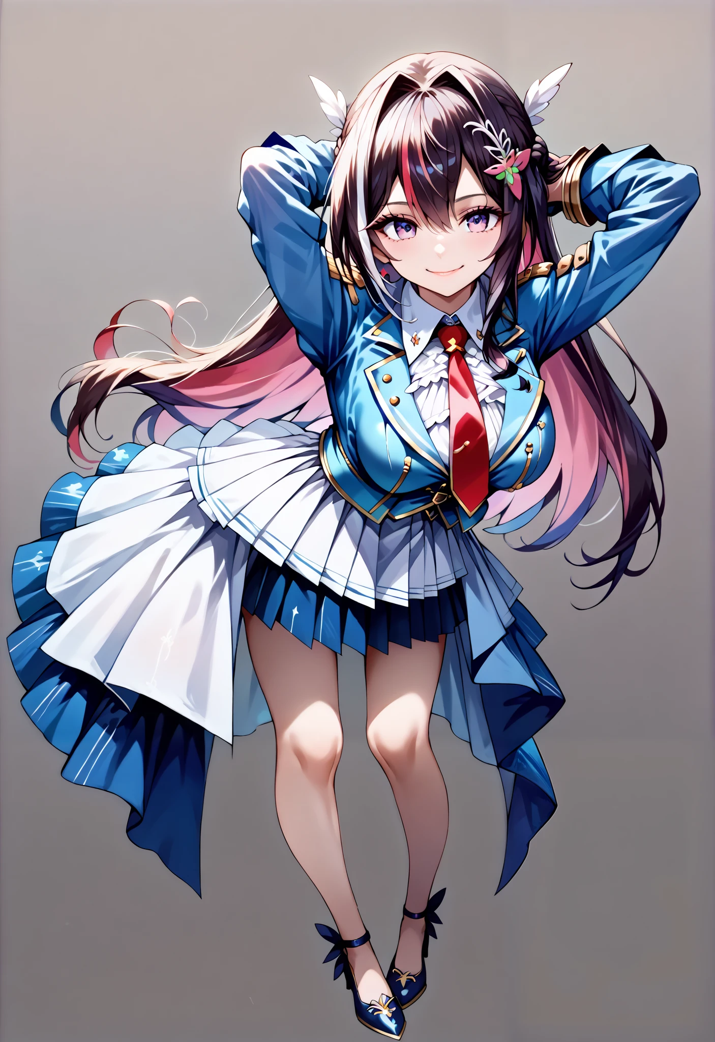 score_9, score_8_up, score_7_up, source_anime, 4K,perfect fingers,(perfect hands, perfect anatomy),prefect lighting, very aesthetic, intricate details,highly detailed background, masterpiece, high quality, best quality,
1girl,Azki, multicolored hair, long hair, french braid, hair ornament, large breast,
wearing ((headgear,shrug \(clothing\),blue jacket,cropped jacket,short dress,two-tone dress,white dress,blue dress,collared dress,pleated dress,red necktie,short sleeves,white gloves, )),
looking at the spectator, filed, (arms behind head:1.5), high thigh individual , (large breasts:0.9),Stand up,((fullbody:1.5)),((White plain background:1.5)) ,((seductive smile)),((front look:1.5)),((leaning forward:1.3)), ((Looking up)),looking at viewer,smug,