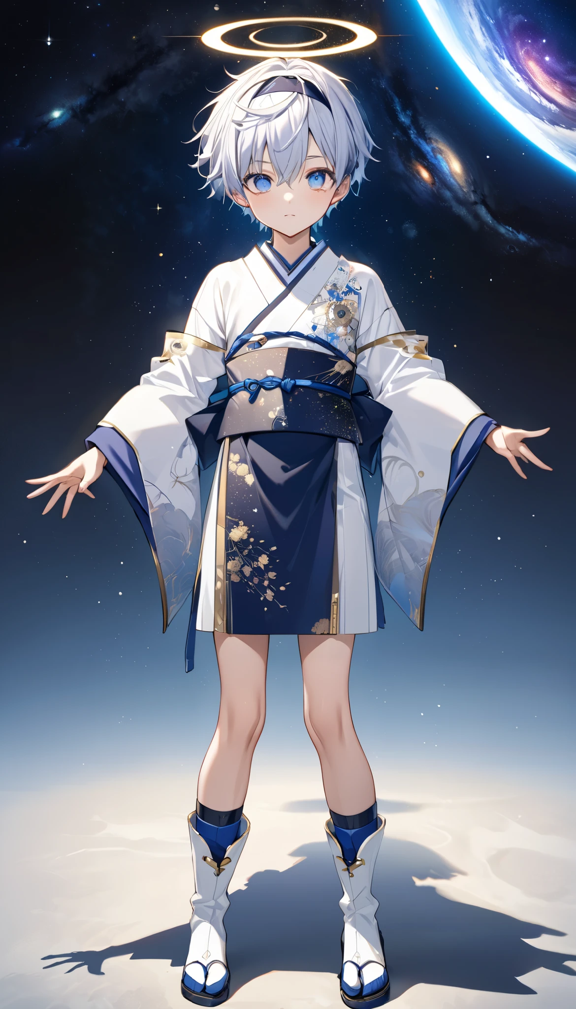 Fresh illustration,
Ultra-fine drawing,
Very delicate illustration,
Very fine details,
Only one boy,
Arms slightly outstretched,
Height 158cm,
Fair skin,
Right eye purple,
Left eye blue,
Odd eyes,
Heterochromie iris,
Beautiful eyes,
Large black pupils,
Short hair,
Blue roots and silver elsewhere,
Hair with a gradient,
Shiny hair,
Cute face,
Pretty face,
Shiny halo on back of head,
Raised eyebrows,
Kimono upper body,
Japanese clothing upper body,
Masculine build,
Six pack,
Very small breasts,
No breasts,
Chinese dress lower body,
Black obi,
White clothes overall,
Tasteful embroidery with gold thread,
Clothes with high-quality texture,
Jockstrap wrap,
thigh straps,
thigh straps digging into skin,
white long boots,
Japanese-style toes,
five fingers on hands and feet,
thin waist,
thin legs,
isometric,
golden ratio,
divine atmosphere,
wearing an indigo-colored stand-up collared inner,
outer space,
galaxy,
countless small stars,
tactical use of shadows,
headband and hair do not extend beyond the frame,
clothes do not extend beyond the frame,
body orientation is symmetrical,
clothes are symmetrical,
full-body view,
picture standing motionless,
facing forward,