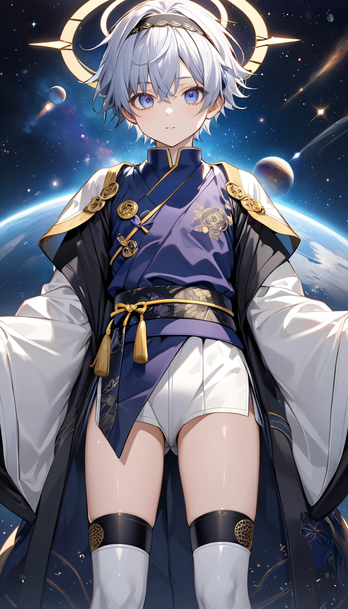 Fresh illustration,
Ultra-fine drawing,
Very delicate illustration,
Very fine details,
Only one boy,
Arms slightly outstretched,
Height 158cm,
Fair skin,
Right eye purple,
Left eye blue,
Odd eyes,
Heterochromie iris,
Beautiful eyes,
Large black pupils,
Short hair,
Blue roots and silver elsewhere,
Hair with a gradient,
Shiny hair,
Cute face,
Pretty face,
Shiny halo on back of head,
Raised eyebrows,
Kimono upper body,
Japanese clothing upper body,
Masculine build,
Six pack,
Very small breasts,
No breasts,
Chinese dress lower body,
Black obi,
White clothes overall,
Tasteful embroidery with gold thread,
Clothes with high-quality texture,
Jockstrap wrap,
thigh straps,
thigh straps digging into skin,
white long boots,
Japanese-style toes,
five fingers on hands and feet,
thin waist,
thin legs,
isometric,
golden ratio,
divine atmosphere,
wearing an indigo-colored stand-up collared inner,
outer space,
galaxy,
countless small stars,
tactical use of shadows,
headband and hair do not extend beyond the frame,
clothes do not extend beyond the frame,
body orientation is symmetrical,
clothes are symmetrical,
full-body view,
picture standing motionless,
facing forward,