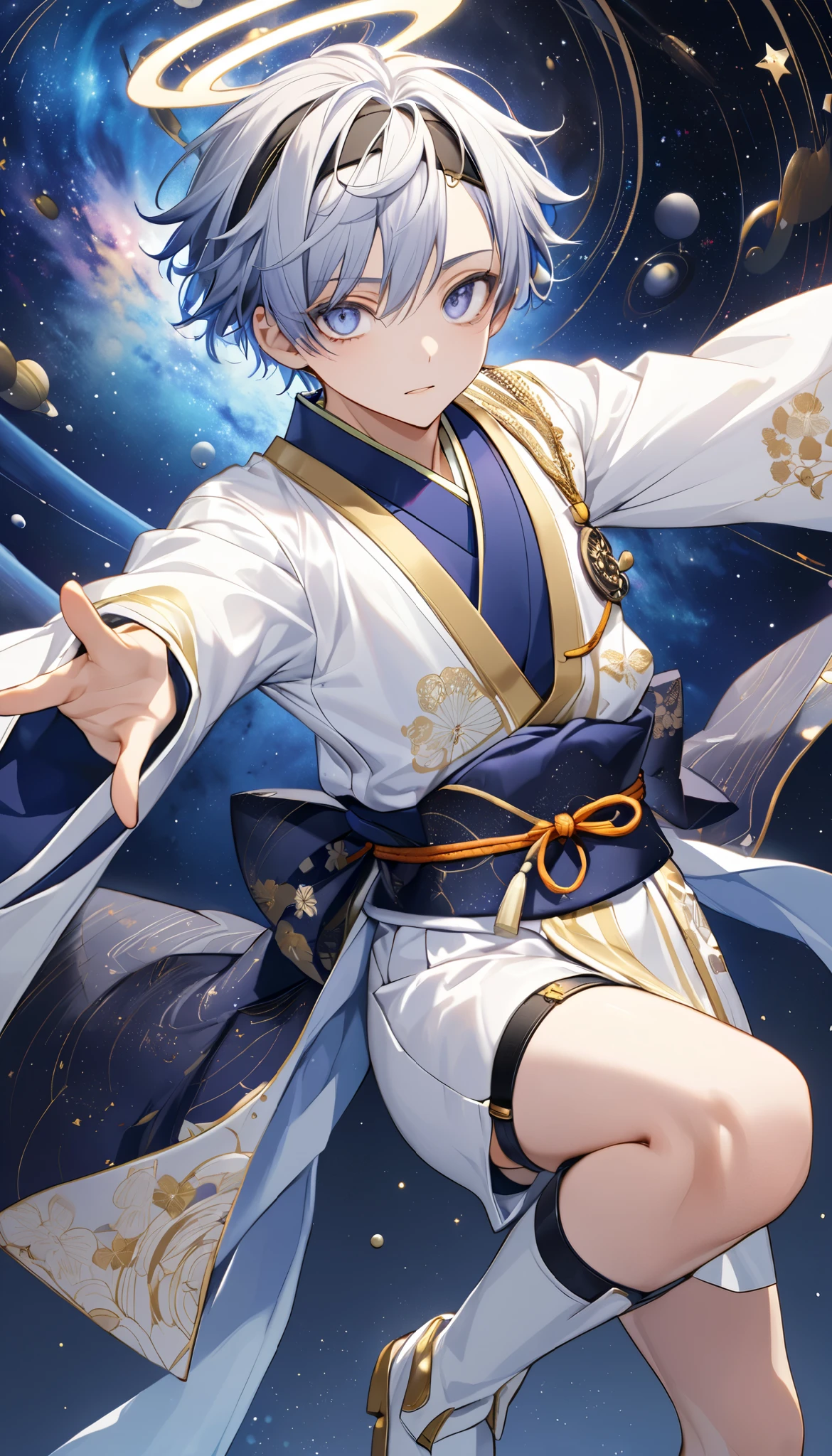 Fresh illustration,
Ultra-fine drawing,
Very delicate illustration,
Very fine details,
Only one boy,
Arms slightly outstretched,
Height 158cm,
Fair skin,
Right eye purple,
Left eye blue,
Odd eyes,
Heterochromie iris,
Beautiful eyes,
Large black pupils,
Short hair,
Blue roots and silver elsewhere,
Hair with a gradient,
Shiny hair,
Cute face,
Pretty face,
Shiny halo on back of head,
Raised eyebrows,
Kimono upper body,
Japanese clothing upper body,
Masculine build,
Six pack,
Very small breasts,
No breasts,
Chinese dress lower body,
Black obi,
White clothes overall,
Tasteful embroidery with gold thread,
Clothes with high-quality texture,
Jockstrap wrap,
thigh straps,
thigh straps digging into skin,
white long boots,
Japanese-style toes,
five fingers on hands and feet,
thin waist,
thin legs,
isometric,
golden ratio,
divine atmosphere,
wearing an indigo-colored stand-up collared inner,
outer space,
galaxy,
countless small stars,
tactical use of shadows,
headband and hair do not extend beyond the frame,
clothes do not extend beyond the frame,
body orientation is symmetrical,
clothes are symmetrical,
full-body view,
picture standing motionless,
facing forward,