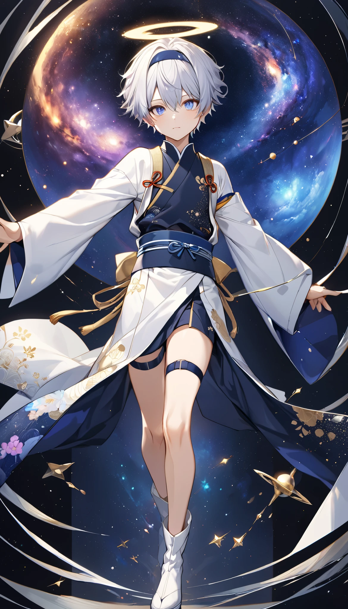 Fresh illustration,
Ultra-fine drawing,
Very delicate illustration,
Very fine details,
Only one boy,
Arms slightly outstretched,
Height 158cm,
Fair skin,
Right eye purple,
Left eye blue,
Odd eyes,
Heterochromie iris,
Beautiful eyes,
Large black pupils,
Short hair,
Blue roots and silver elsewhere,
Hair with a gradient,
Shiny hair,
Cute face,
Pretty face,
Shiny halo on back of head,
Raised eyebrows,
Kimono upper body,
Japanese clothing upper body,
Masculine build,
Six pack,
Very small breasts,
No breasts,
Chinese dress lower body,
Black obi,
White clothes overall,
Tasteful embroidery with gold thread,
Clothes with high-quality texture,
Jockstrap wrap,
thigh straps,
thigh straps digging into skin,
white long boots,
Japanese-style toes,
five fingers on hands and feet,
thin waist,
thin legs,
isometric,
golden ratio,
divine atmosphere,
wearing an indigo-colored stand-up collared inner,
outer space,
galaxy,
countless small stars,
tactical use of shadows,
headband and hair do not extend beyond the frame,
clothes do not extend beyond the frame,
body orientation is symmetrical,
clothes are symmetrical,
full-body view,
picture standing motionless,
facing forward,